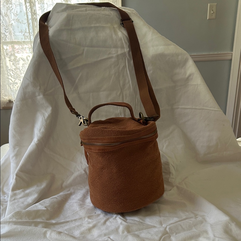 TSD Brand Brown Canvas and Leather Bucket Bag